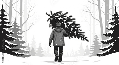 A person in a hooded winter coat carries a Christmas tree on their shoulder.