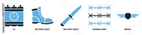 Set Military Icon Vector Ideal for applications, games, or graphic design projects related to armed forces, defense, conflict, and specialized equipment.