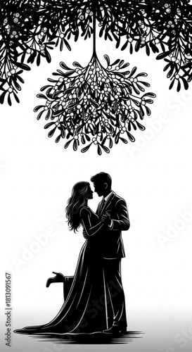Black and white silhouette of a romantic couple embracing under mistletoe.