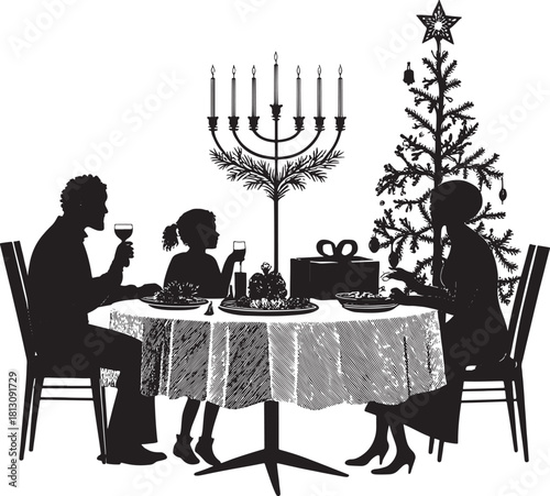 Silhouette family celebrating holiday dinner with christmas tree and menorah kwanzaa african culture
