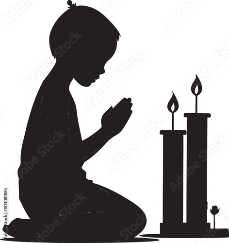 Silhouette of a child kneeling with hands clasped in prayer next to two lit candles and a single rose kwanzaa african culture