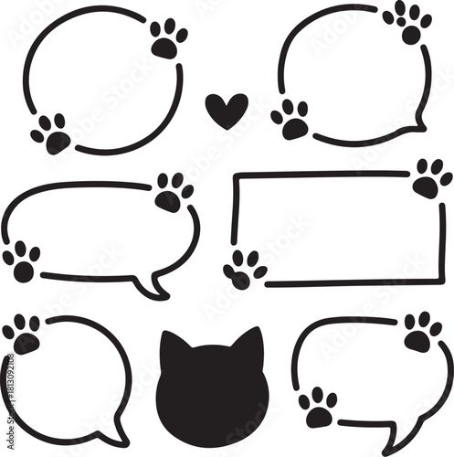 Cute hand drawn speech bubbles with paw prints and cat icon
