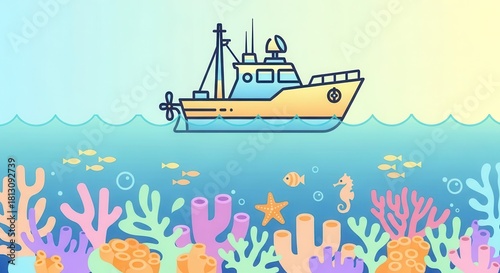 Fototapeta Naklejka Na Ścianę i Meble -  Fishing vessel navigates bright blue water above a colorful coral reef ecosystem