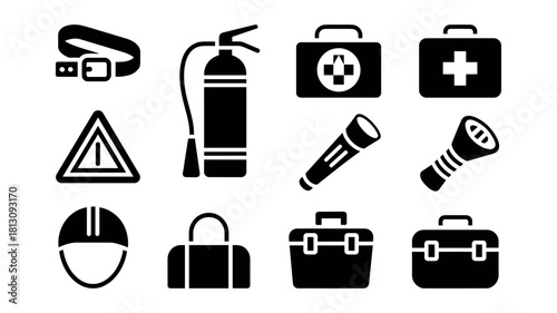 Black Silhouette Icons for Safety and Emergency Preparedness.