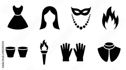Black Silhouette Icons of Dress Mask Torch Gloves and Necklace.