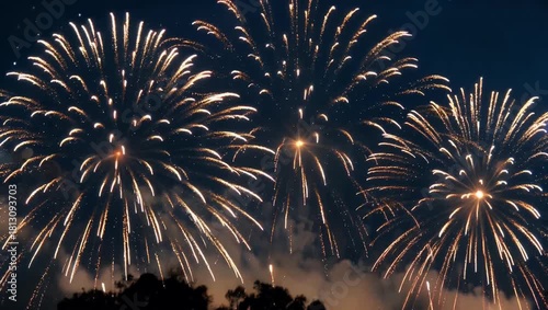 4K looped footage of real fireworks with abstract golden bursts and shimmering bokeh lights captured at night creating a festive celebratory and visually dynamic effect perfect for backgrounds or