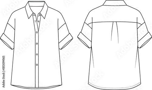 Flat technical fashion drawing vector illustration of a women's short-sleeved button-up shirt with rolled-up cuffs, a collar, and dropped shoulders, featuring front and back view details.