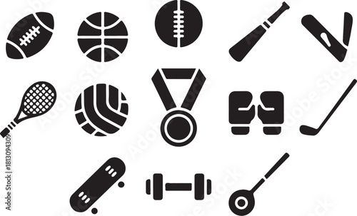 Collection of sports equipment icons and symbols for fitness and competition