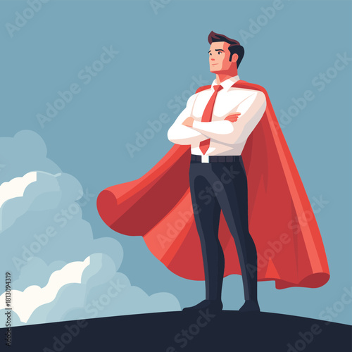 Businessman standing and dreaming about a strong superhero  , vector style simple color