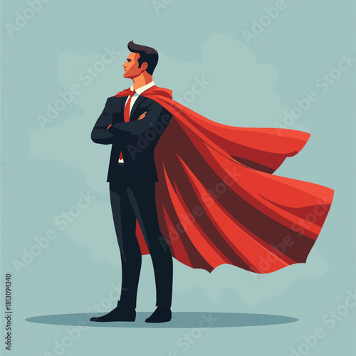 Businessman standing and dreaming about a strong superhero  , vector style simple color