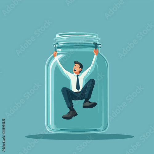 Businessman trapped into a glass jar concept , vector style simple color