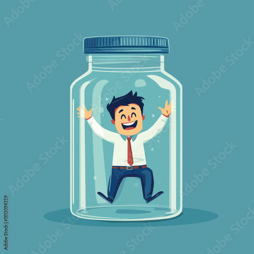 Businessman trapped into a glass jar concept , vector style simple color