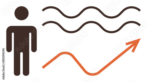 Person standing beside wavy lines and an upward arrow representing energy, progression, analytics, data flow, success, personal growth, and business improvement for a simple flat metaphor