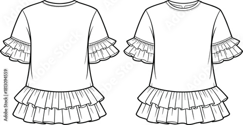 Kid's girl double ruffle top technical flat sketch, featuring tiered sleeves and peplum hem, round neck, front and back view, isolated vector illustration template.