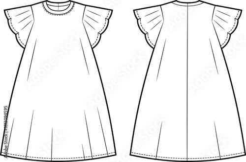 Kid's girl flutter sleeve A-line dress technical flat sketch, featuring round neck, layered ruffle detail, front and back view, isolated vector illustration fashion design template.