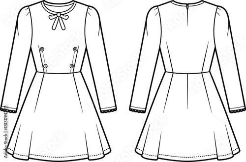 Kid's girl long sleeve dress technical flat sketch, featuring bow neck, decorative bodice buttons, flared skirt, scalloped cuffs, front and back view, isolated vector illustration template.