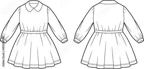 Kid's girl long sleeve dress technical flat sketch, featuring peter pan collar, gathered waist, flared skirt, front and back view, isolated vector illustration fashion design template.