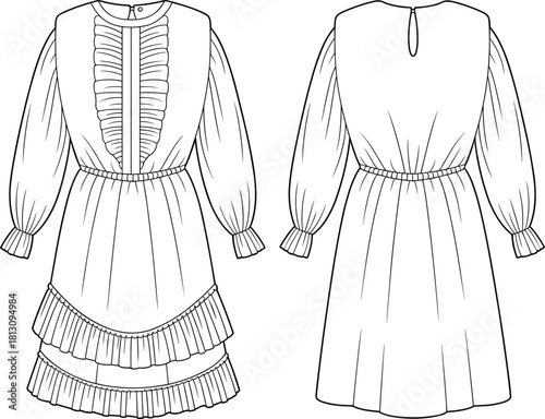 Kid's girl long sleeve dress technical flat sketch, featuring ruffled bib, elastic waist, tiered skirt, front and back view, isolated vector fashion design template.