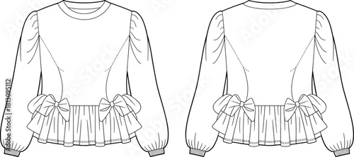 Kid's girl long sleeve peplum top technical flat sketch, featuring bow details, puff sleeves, ribbed cuffs, front and back view, isolated vector illustration fashion template.