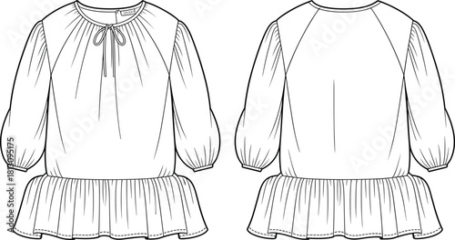 Kid's girl long sleeve peplum top technical flat sketch, featuring raglan sleeves, tie neck, gathered hem, front and back view, isolated vector illustration template.
