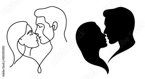 Romantic couple kissing silhouette art, perfect for Valentine's Day or wedding designs