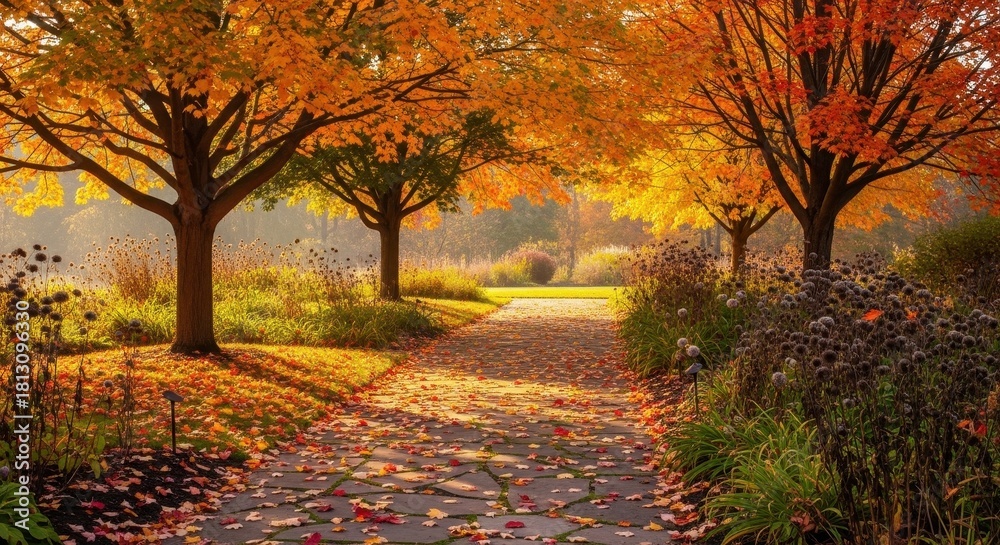 Naklejka premium A serene pathway lined with colorful trees, bathed in golden autumn light
