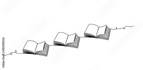 Continuously one line draws an open book with flying pages. educational equipment illustration back to school theme for website landing page. book banner single line drawing