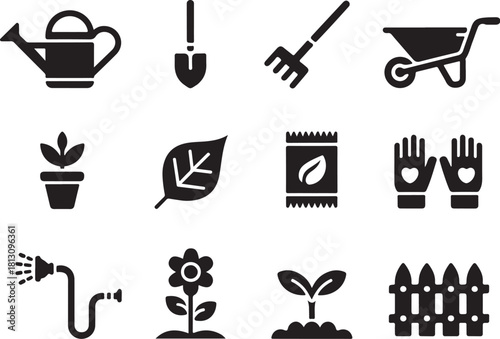 Collection of garden tools and plants icons