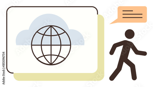 Globe within a cloud representing global network, paired with a person walking and a speech bubble. Ideal for communication, cloud computing, networking, globalization, teamwork, collaboration