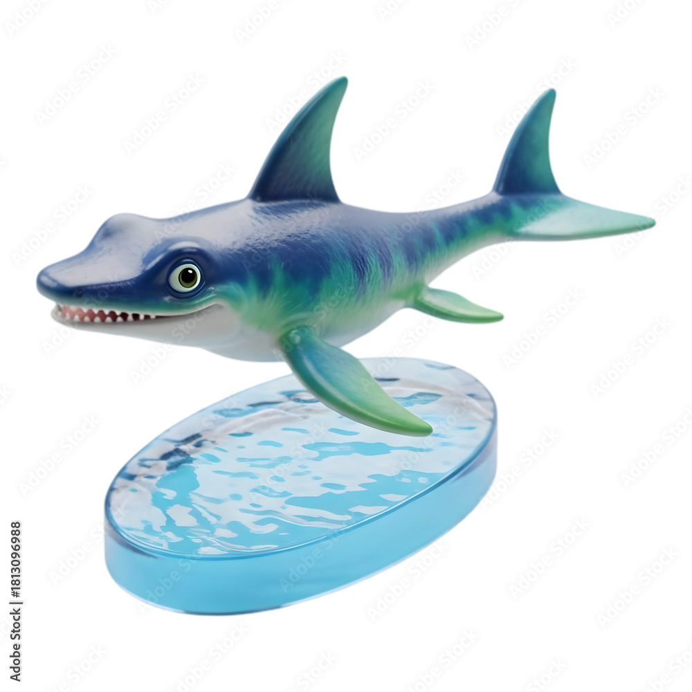 Fototapeta premium Cute stylized cartoon shark figurine swimming over water base