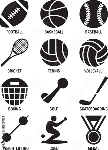 Collection of sports equipment and icons on white background