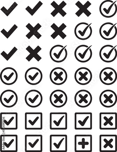 Collection of checkmarks and crosses in circles and squares