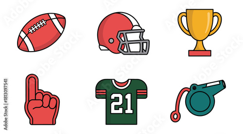 American Football Gear Collection – Ball, Helmet, Trophy, Foam Finger, Jersey, Whistle, and Accessories Displayed on a Neutral Background for Sports Graphics and Team Spirit Artwork