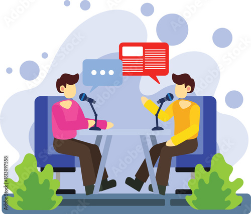 Two people recording a podcast session illustration