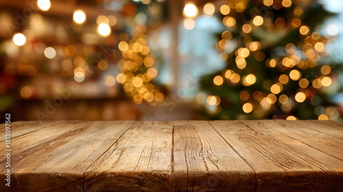 Wooden table in front of blurred Christmas tree lights in the background with warm golden bokeh lights, perfect for product display or advertising in winter.