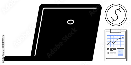 Laptop, financial graph on clipboard, and currency icon emphasizing finance, business growth, data analysis, profit tracking, investment planning, digital tools and strategic management. A simple