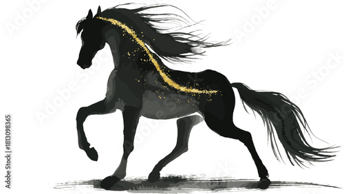 黒い和風水墨画の馬が新年の空へ金の馬がきらきら駆ける希望の瞬間と新年を祝う金色の風