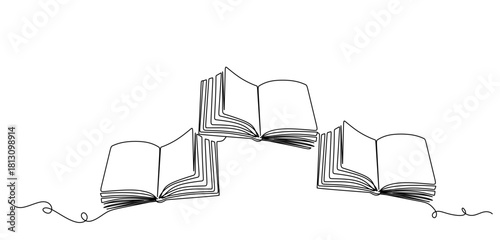 Continuously one line draws an open book with flying pages. educational equipment illustration back to school theme for website landing page. book banner single line drawing