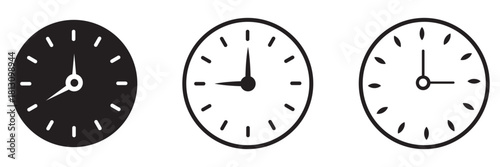 Vector illustration of twelve analog wall clocks in black outline, each showing a different hourly time from one to twelve. Analog clock icon set. 12 hourly time variations, black outline