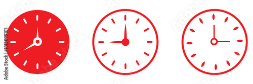 Vector illustration of twelve analog wall clocks in black outline, each showing a different hourly time from one to twelve. Analog clock icon set. 12 hourly time variations, black outline