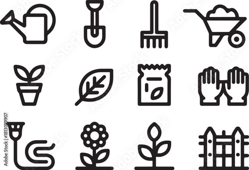 Collection of simple outline icons representing gardening tools and plants