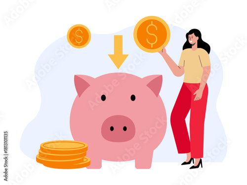 Woman doing investing and safe deposit in piggy bank. Saving vector illustration. Flat illustration concept.