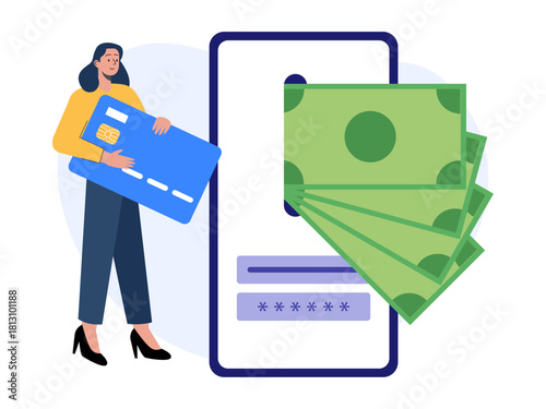 A young woman uses a bank card to deposit cash into m-banking. Saving vector illustration. Flat illustration concept.