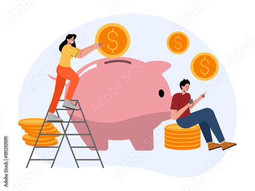 Young family investing money for future. Saving vector illustration. Flat illustration concept.