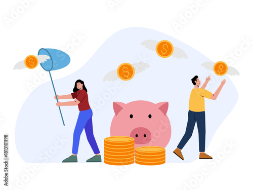The couple is preventing losses by catching lost money. Saving vector illustration. Flat illustration concept.