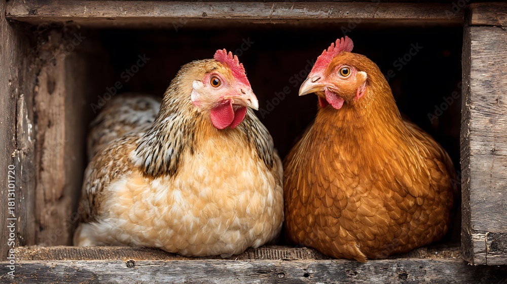 Fototapeta premium Two Chickens Resting Together in Wooden Box Nesting Area at Farm