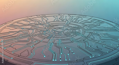 Circular electronic component displays intricate conductive pathways against a soft gradient background.