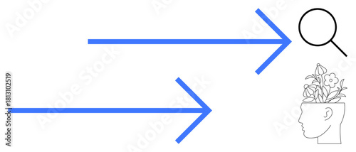 Arrows directing toward a magnifying glass and a human head with blooming flowers. Ideal for creativity, exploration, innovation, learning, mindfulness, growth, focus. Simple flat metaphor