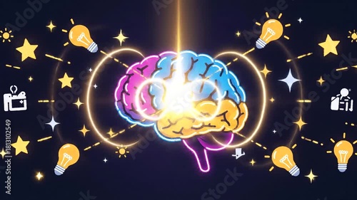 Colorful brain illustration with ideas and creativity sparks