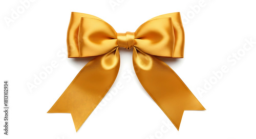 Golden satin bow with flowing tails on a white background ribbon silk